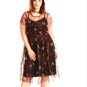 Torrid Black Floral  Dress with Sheer Overlay